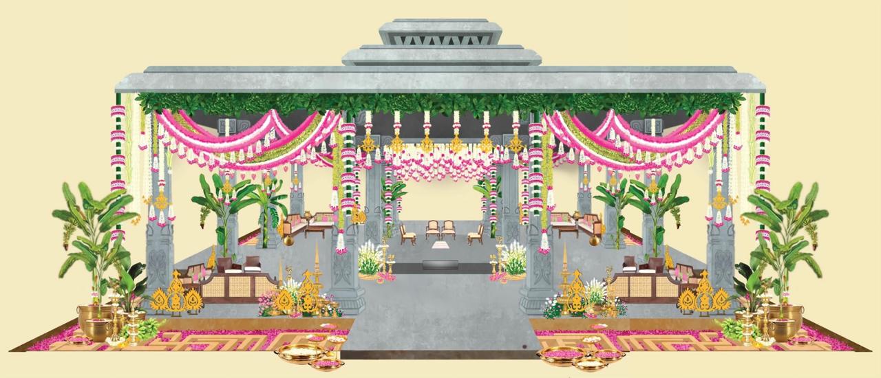 Traditional mandap decorated with pink and white garlands